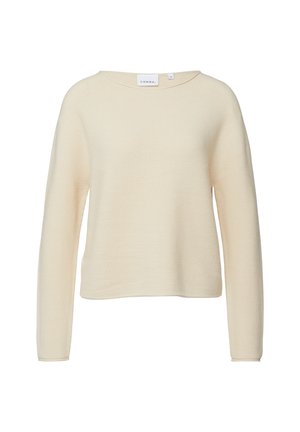 Kremowy, długorękawowy sweter z dzianiny o okrągłym dekolcie i nieco luźniejszym kroju, oznaczony metką "Comma", rozmiar 36.