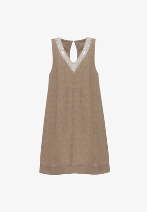 Abito marrone senza maniche, lunghezza al ginocchio, con scollo a V, rifinito con paillettes chiare e chiusura ad occhiello sul retro.