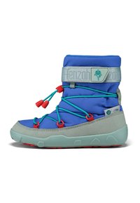 Waterdichte laars met een blauwe nylon bovenkant, grijze suède accenten, turquoise veters met rode toggles en een gestructureerde mintgroene zool.