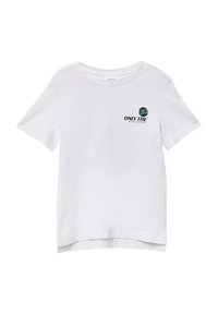 Witte katoenen t-shirt met korte mouwen, met een gedrukt logo en tekst aan de linkerkant. Ronde hals, normale pasvorm.