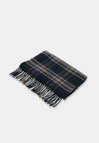 Sciarpa di lana blu scuro con motivo a quadri marrone e bianco, con bordi frangiati e texture morbida. Forma rettangolare.