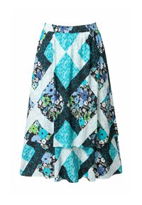 Gonna a campana con un design a patchwork nei toni di blu, teal e nero, con motivi floreali e orlo a strati. Vita elastica.