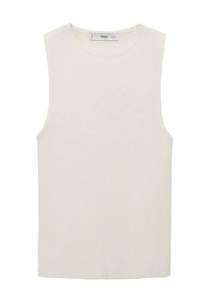 Sleeveless cream tank top made from ribbed fabric, featuring a round neckline and a straight cut design. Minimalist with no additional details.