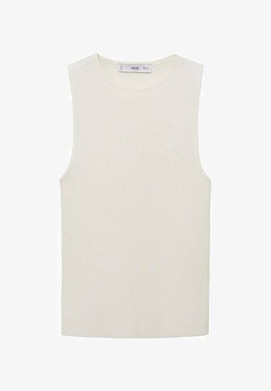 Sleeveless cream tank top made from ribbed fabric, featuring a round neckline and a straight cut design. Minimalist with no additional details.