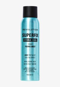 Bouteille pulvérisateur cylindrique bleu aqua avec un capuchon noir. Le texte comprend le nom de la marque, le type de produit et les ingrédients clés. Capacité de 150 ml.