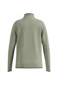 Pull-over à manches longues en tissu vert clair, doté d'un col haut et d'une texture lisse. Aucun motif ni détail matériel visible.