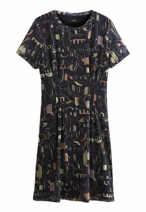 Robe noire à manches courtes avec formes et motifs géométriques abstraits multicolores, longueur au genou, encolure ronde, taille cintrée.