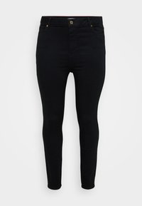 Mustat farkut skinny-mallissa, joissa on istuva muotoilu, kultaiset yksityiskohdat etu- ja takataskuissa sekä sileä pinta.