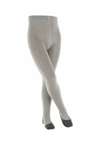 Collant grigi in maglia con una finitura testurizzata, caratterizzati da una vita a coste e sezioni del piede grigie più scure con dettagli rossi.