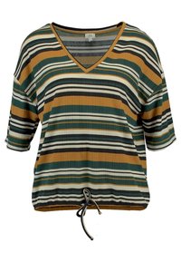 Top de manga corta a rayas en verde, marrón y crema. Diseño con escote en V y cordón ajustable en el dobladillo. Tejido suave y texturizado.