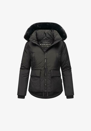 Black padded jacket with a faux fur hood, zip front, two large front pockets, and textured fabric. Features ribbed cuffs and a curved hem.
