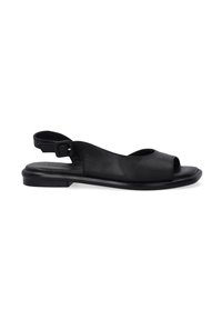 Schwarze Leder-Slingback-Sandalen mit offener Zehenpartie, flacher Sohle und verstellbarem Knöchelriemen. Glatte Textur mit minimalistischer Design.