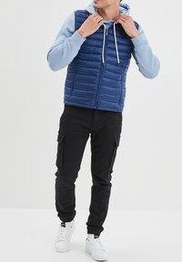 Gilet imbottito blu sopra una felpa leggera blu, abbinato a pantaloni cargo neri e sneakers bianche. Presenta un design a righe verticali e chiusura con zip.