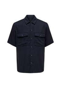 Kurzarm-Hemd in Dunkelblau aus einem strukturierten Stoff, mit zwei Brusttaschen, Knopfleiste und klassischem Hemdkragen.