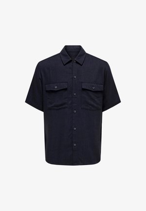 Kurzarm-Hemd in Dunkelblau aus einem strukturierten Stoff, mit zwei Brusttaschen, Knopfleiste und klassischem Hemdkragen.