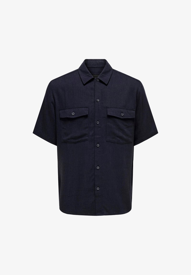 Kurzarm-Hemd in Dunkelblau aus einem strukturierten Stoff, mit zwei Brusttaschen, Knopfleiste und klassischem Hemdkragen.