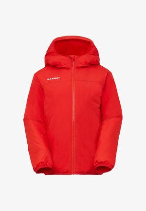 Rode geïsoleerde jas met een capuchon, rits aan de voorkant, elastische manchetten en een zachte buitenkant. Heeft het "Mammut" logo op de linkerborst.
