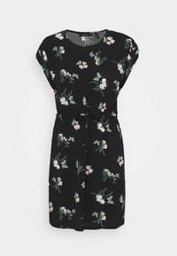 Musta mekko, jossa on vaaleanpunaisia ja vihreitä kukkakuoseja, lyhyet hihat, elastinen vyötärö nauhalla, polvimittainen, valmistettu kevyestä kankaasta.