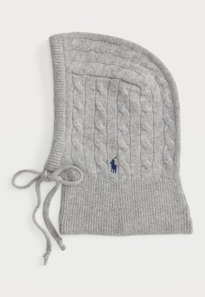 Cable-knit gray hat with a soft texture, featuring a tall design, braided accents, and a tied closure. Includes a small blue logo detail.