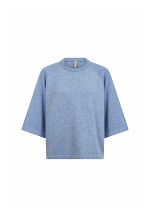 Pull en tricot bleu clair à manches courtes avec col rond et larges manches, présenté sur fond blanc.