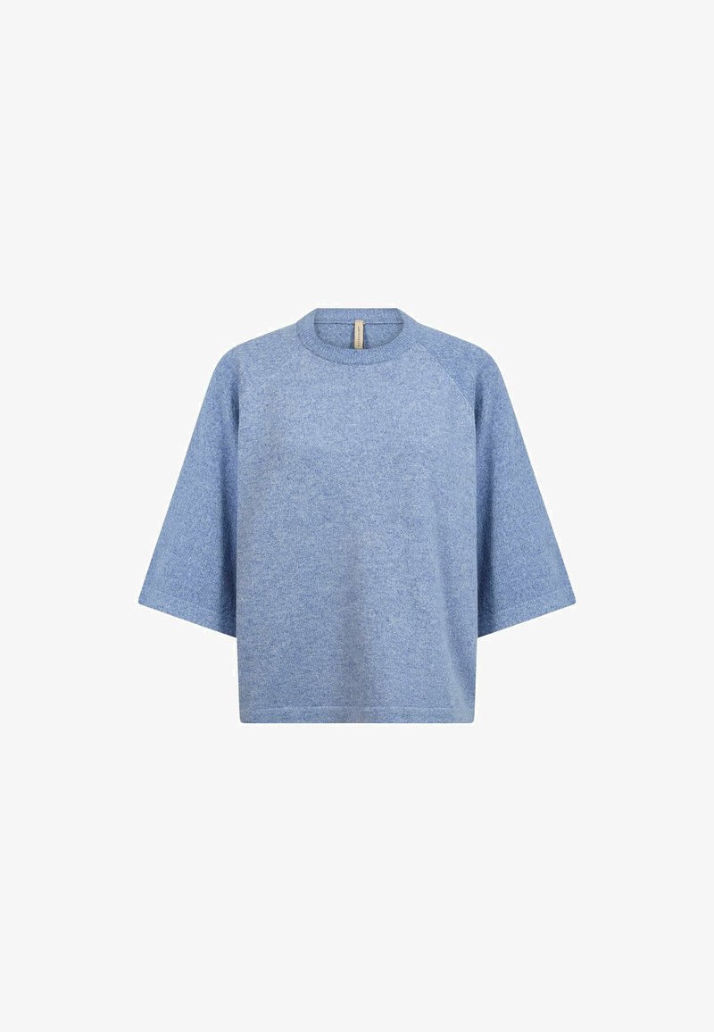 Pull en tricot bleu clair à manches courtes avec col rond et larges manches, présenté sur fond blanc.