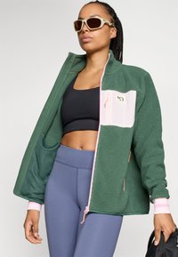 Fleecejakke i mørkegrønn med en lyserosa brystpanel, glidelåsrom, og elastiske mansjetter. Kombinert med en svart crop top og blå tights.