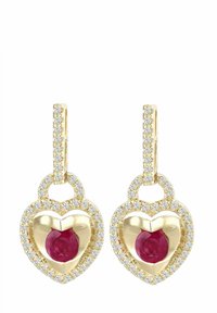 Kullast südamekujulised kõrvarõngad, mille keskel on rubiin ja mis on kaetud väikeste läbipaistvate kivikestega servade ja riputusaasa ümber.