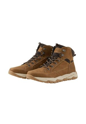 Botas de senderismo de cuero marrón con cuello de tela texturizada, ojetes de metal y suela de goma. Presentan un diseño resistente y cierre con cordones.