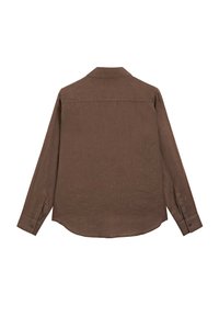 Brun långärmad skjorta i linne med krage, enkelknäppning vid ärmsluten och rundad nederkant baktill. Ren, minimalistisk design.