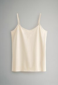 Šviesiai smėlinė palaidinė su plonomis reguliuojamomis petnešėlėmis, pagaminta iš lygaus audinio, turinti apvalią iškirptę ir tiesų apatinį kraštą be papuošimų.