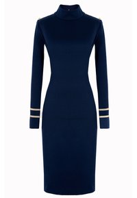 Granatowa dopasowana sukienka z wysokim kołnierzem, długimi rękawami i złotymi akcentami na ramionach i mankietach. Gładki materiał i przylegający krój.