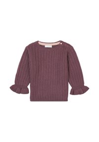Pull en maille de couleur mauve profond avec une texture côtelée. Présente un col rond et des manches évasées. Une épaule possède un bouton décoratif.