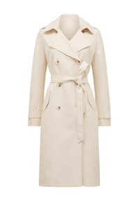 Trench coat doppiopetto color crema con ampie revers, cintura legata in vita, due tasche frontali e polsini con bottone.