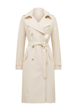 Kremfarget dobbeltspent trenchcoat med brede revers, belte i midjen, to frontlommer og knappede mansjetter.