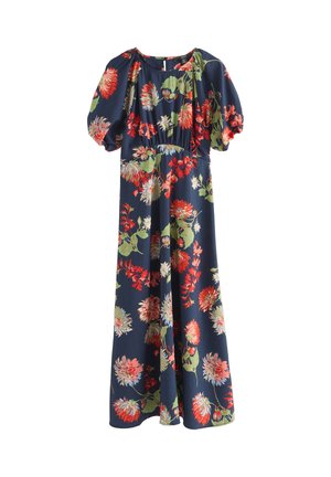 Robe longue bleu marine à imprimé fleuri rouge, blanc et vert, manches courtes bouffantes et taille froncée.