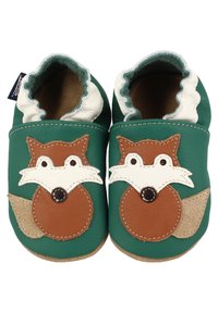 Grüne Leder-Babyschuhe mit einem Fuchsdesign. Enthält braune und weiße Akzente, gewellte Kanten und eine weiche Wildledersohle.