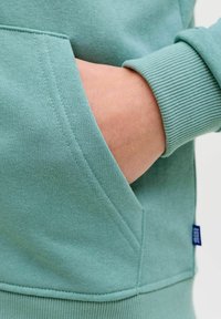 Licht turquoise sweatshirt met geribbelde manchetten en een buidelzak aan de voorkant. Heeft gestikte naden en een gladde textuur.