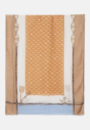 Il foulard di seta presenta un caldo centro arancione a motivo, bordato da pois e intricati disegni a catena, con bordi sfrangiati per una texture interessante.