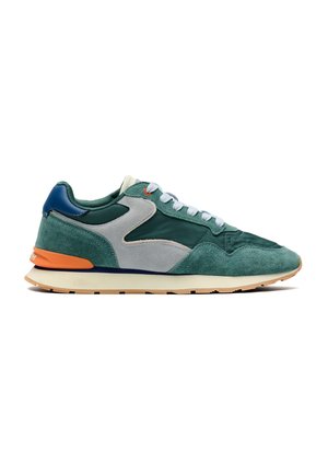 Green and gray suede and nylon sneaker with white laces, orange heel accent, blue heel tab, and beige sole, shown from side profile.