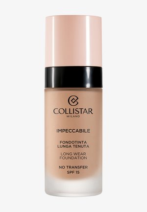 Flacon de fond de teint longue tenue Collistar Impeccabile avec bouchon rose pâle, bande noire, SPF 15, et liquide beige à l'intérieur.