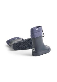 Marinefarbene Gummistiefel mit strukturiertem Profil, Stoffbündchen und Zugbanddetails; mit einem runden Logo an der Seite.