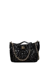 Borsa a tracolla nera con paillettes, dotata di una finitura testurizzata, con una tracolla in metallo dorato e un manico in pelle nera, chiusa con una fibbia metallica.