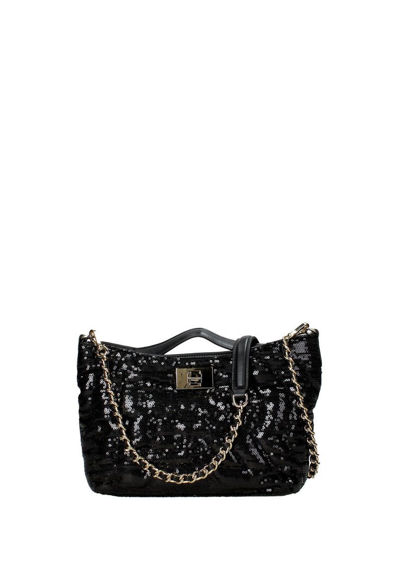 Borsa a tracolla nera con paillettes, dotata di una finitura testurizzata, con una tracolla in metallo dorato e un manico in pelle nera, chiusa con una fibbia metallica.