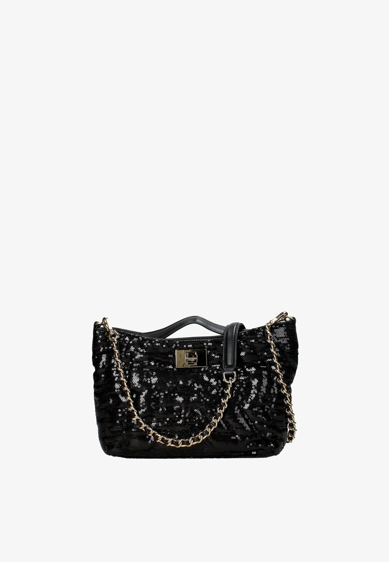 Borsa a tracolla nera con paillettes, dotata di una finitura testurizzata, con una tracolla in metallo dorato e un manico in pelle nera, chiusa con una fibbia metallica.