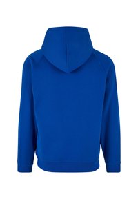 Sudadera azul con un bolsillo frontal, mangas raglán y capucha forrada. La tela parece suave con puños y dobladillo acanalados.