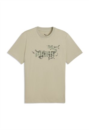 Beige cotton T-shirt featuring a camouflage graphic print in green and black, with a crew neck and short sleeves.