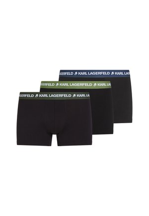 Trois boxers noirs avec ceintures élastiques de marque en vert, bleu et noir, affichant le texte "Karl Lagerfeld".