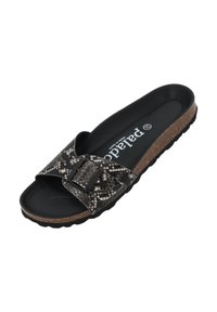 Zwart-witte slipper met slangenpatroon, een brede band, een verstelbare gesp en een gestructureerde kurken voetbed. Zachte binnenvoering en rubberen zool.