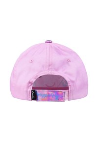 Rosa Kappe mit gebogener Krempe, ausgestattet mit einem glanzenden "Peppa Pig"-Label und einem aufgenähten Knopf oben. Das Material hat eine glatte Textur.