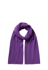 Scarf viola a maglia con un motivo testurizzato, forma rettangolare allungata e tessuto morbido, adatta a diverse opzioni di stile.